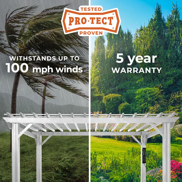 Our metal pergolas are engineered with heavy duty 100% galvanized & powder coated steel, making them capable of withstanding winds up to 100 mph, when anchored as directed.