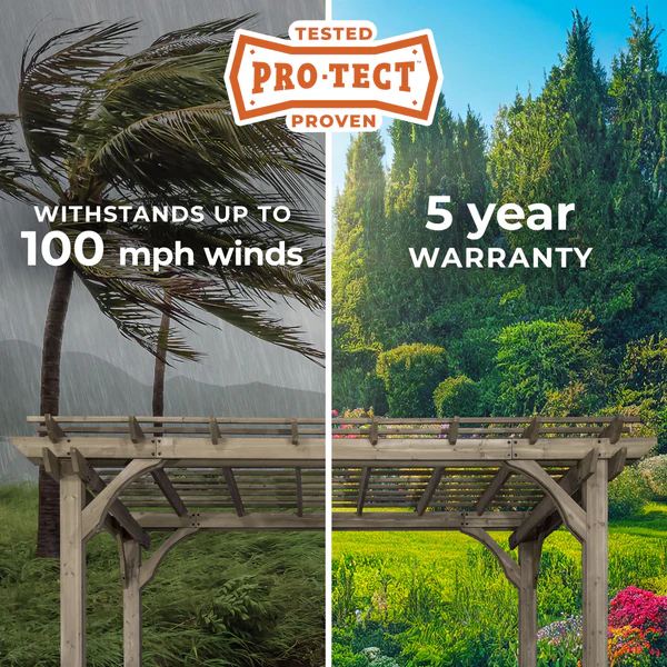 Our wooden pergolas are engineered with dual structural cross beams, robust posts and steel anchoring plates that enhance strength, durability and visual appeal. Have peace of mind knowing they are strong enough to withstand up to 100 mph winds when anchored as directed.