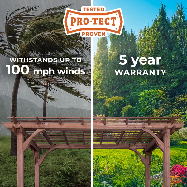 Our wooden pergolas are engineered with dual structural cross beams, robust posts and steel anchoring plates that enhance strength, durability and visual appeal. Have peace of mind knowing they are strong enough to withstand up to 100 mph winds when anchored as directed.