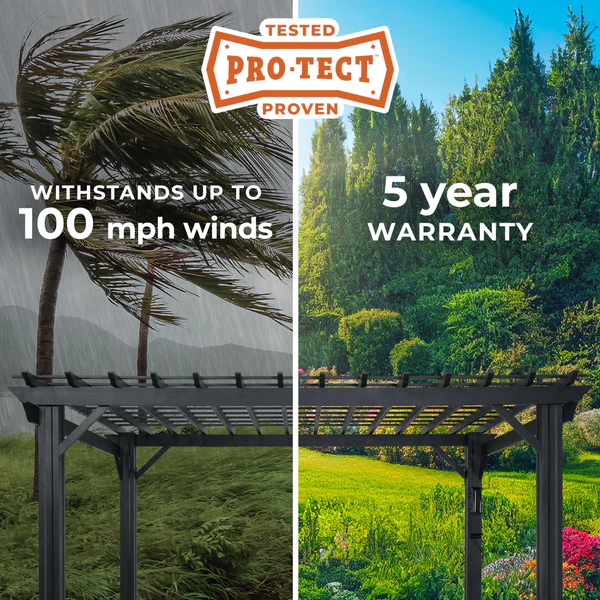 Our metal pergolas are engineered with heavy duty 100% galvanized & powder coated steel, making them capable of withstanding winds up to 100 mph, when anchored as directed.
