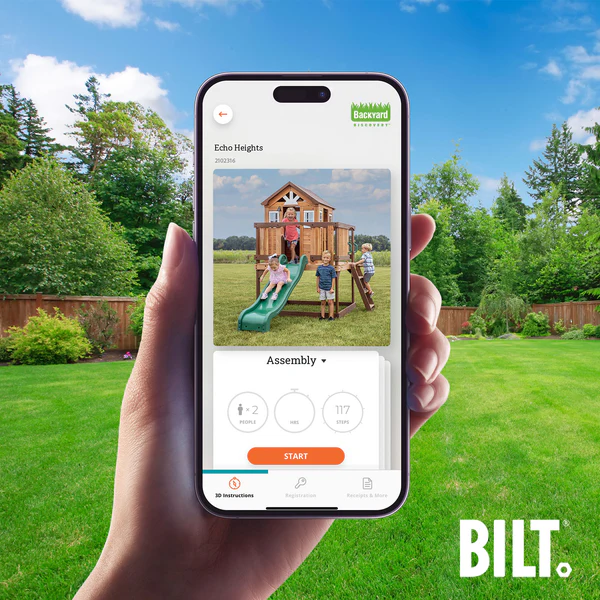 Assemble your playhouse easily by following the step by step instructions on the BILT® app for select playhouse models.